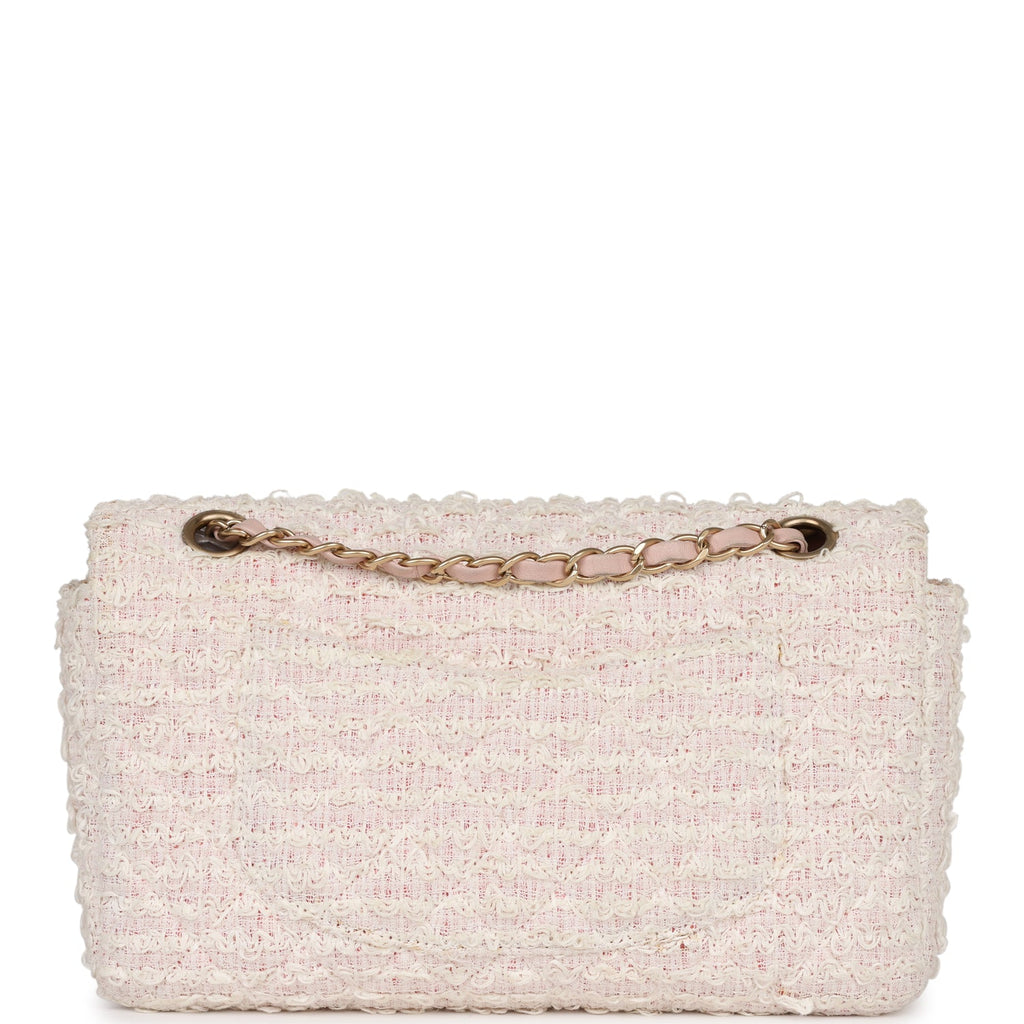 Pre-owned Chanel Medium Single Flap Bag Pink and White Tweed Brushed Gold Hardware