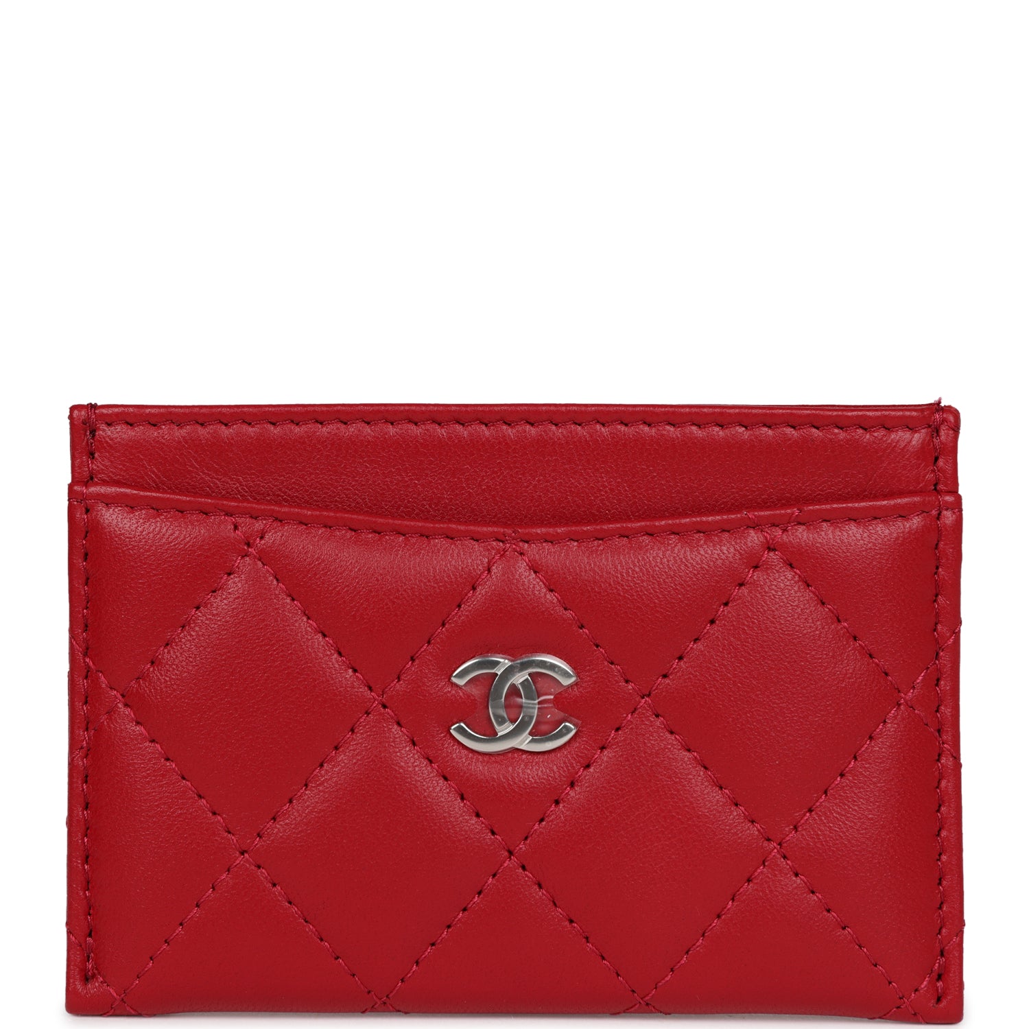 Chanel Card Holder Wallet Red Lambskin Silver Hardware Madison Avenue