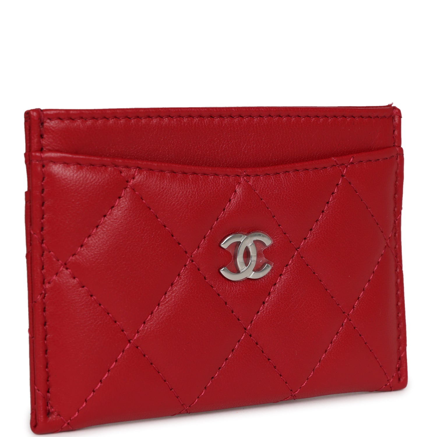 Chanel Card Holder Wallet Red Lambskin Silver Hardware Madison Avenue