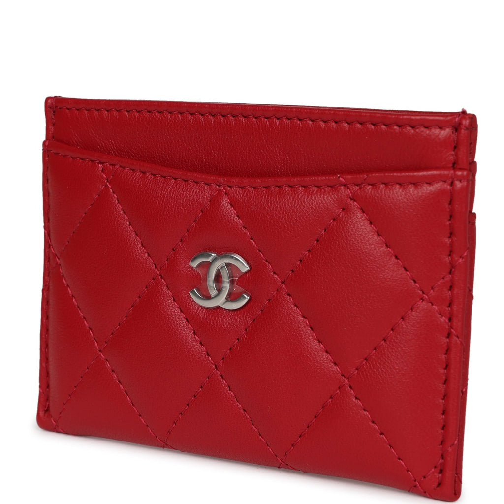 Chanel Card Holder Wallet Red Lambskin Silver Hardware