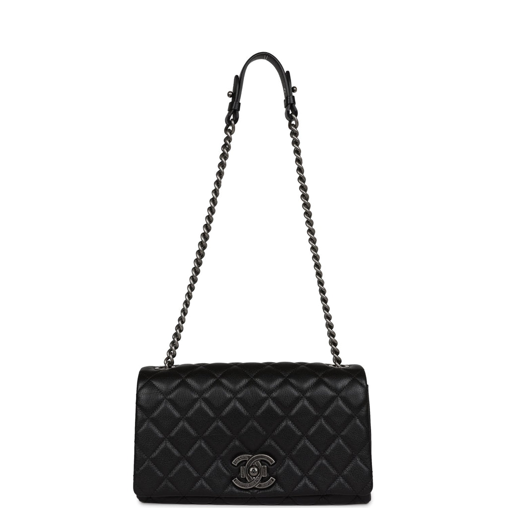 CHANEL Shiny Goatskin Quilted Small Double Carry Waist Chain Flap Black  204921