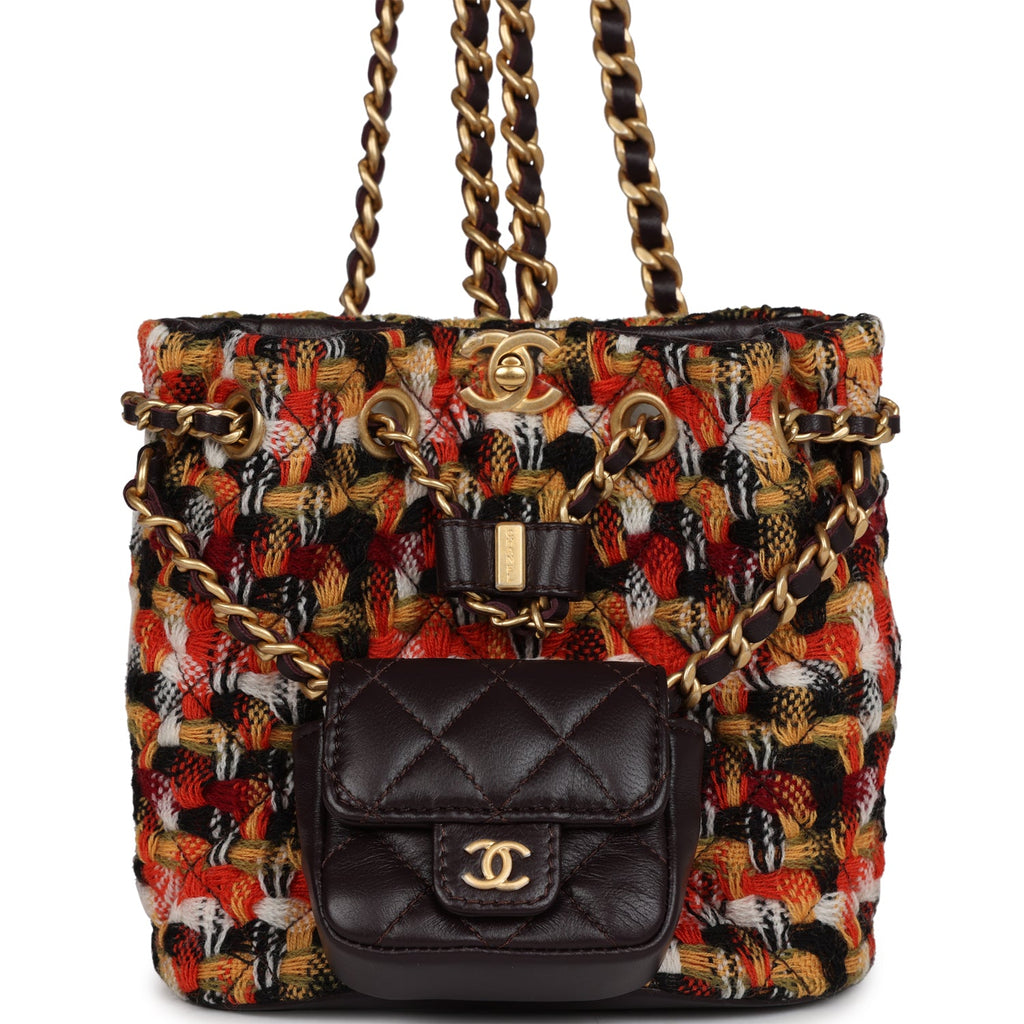 Chanel Small Drawstring Backpack Multicolored Tweed Antique Gold