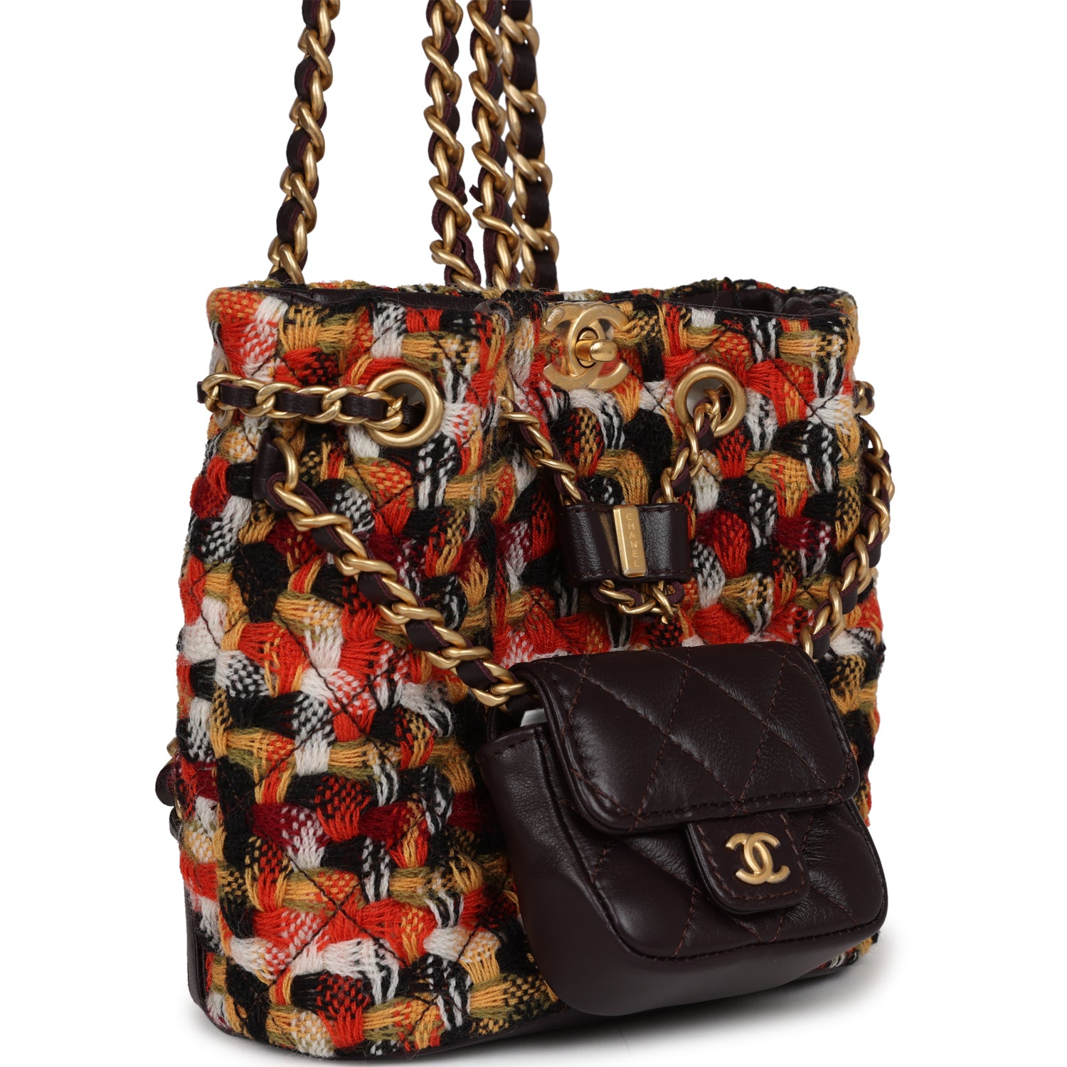 Chanel Small Drawstring Backpack Multicolored Tweed Antique Gold Hardw