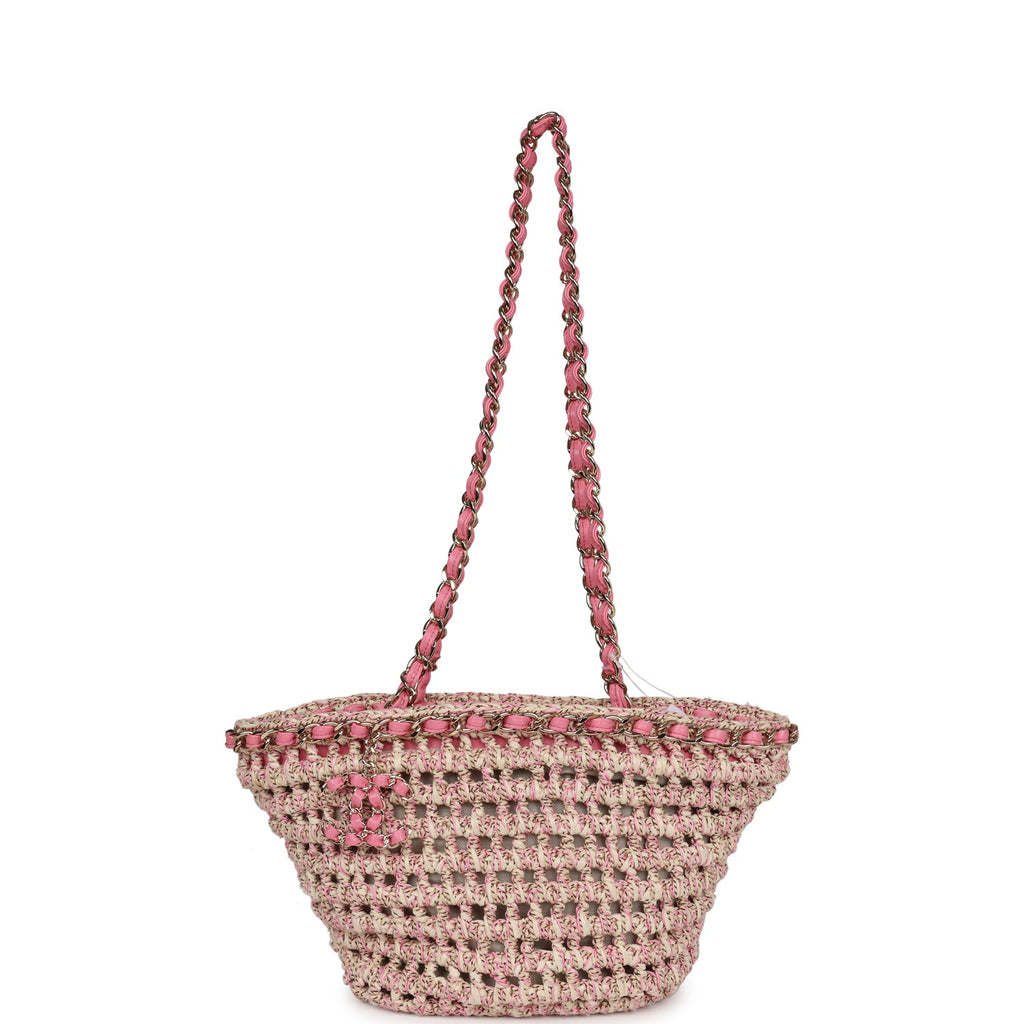 Chanel Small Crochet Shopping Tote Pink and Beige Woven Gold
