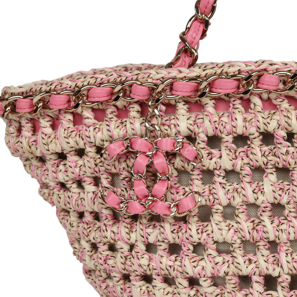 Chanel Small Crochet Shopping Tote Pink and Beige Woven Gold Hardware