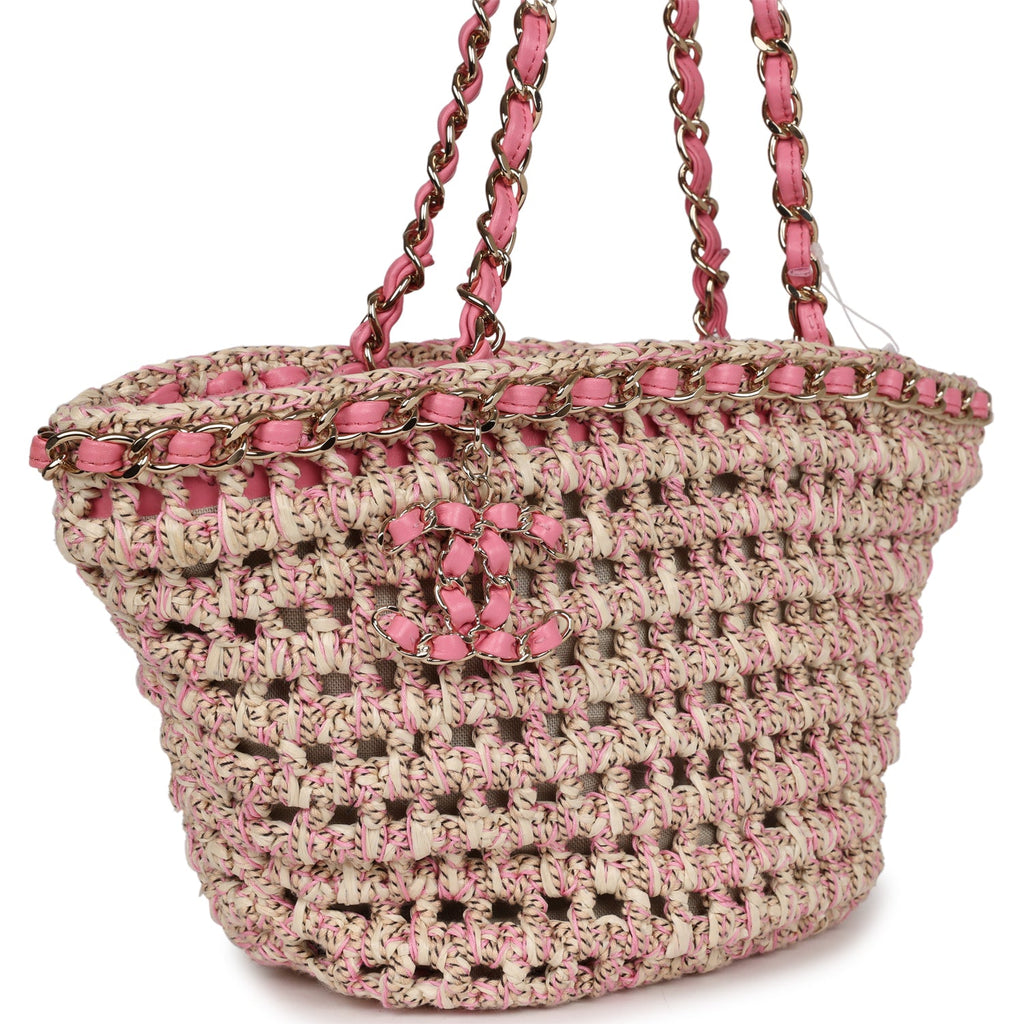 Chanel Small Crochet Shopping Tote Pink and Beige Woven Gold