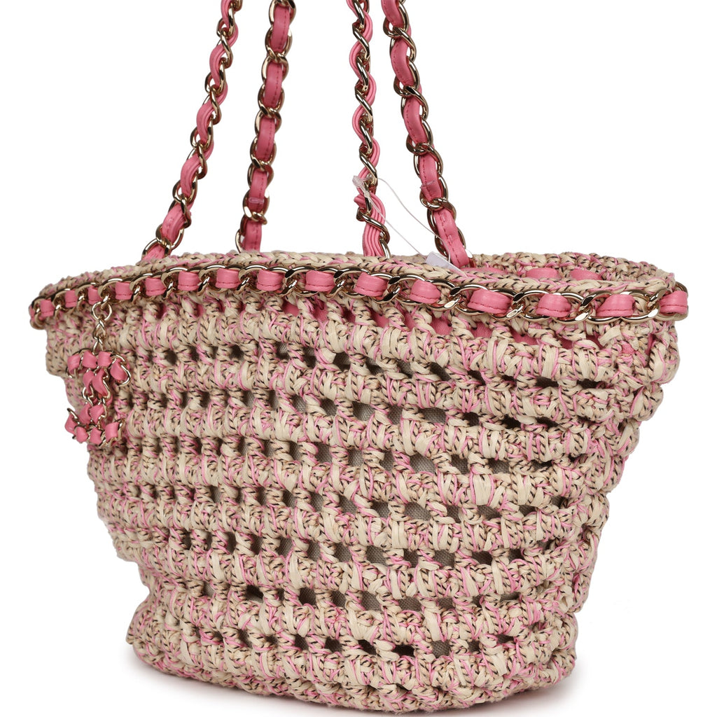 Chanel Small Crochet Shopping Tote Pink and Beige Woven Gold Hardware –  Madison Avenue Couture