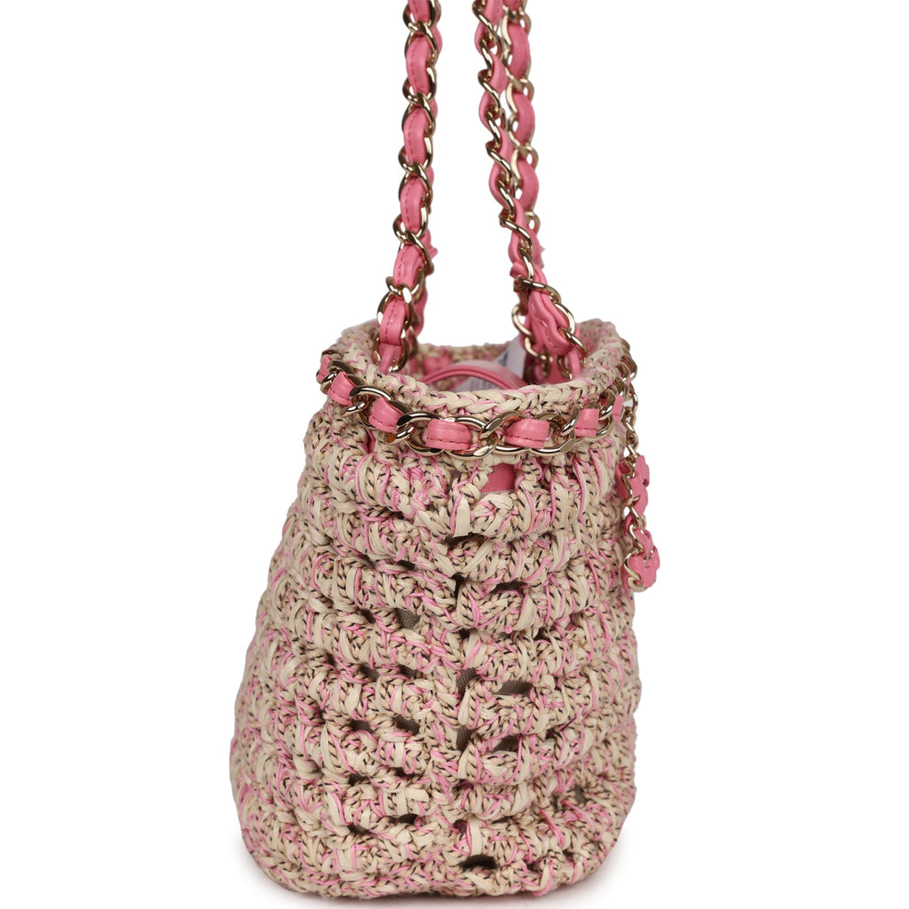 Chanel Small Crochet Shopping Tote Pink and Beige Woven Gold Hardware