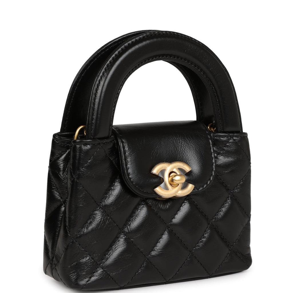 Chanel Nano Kelly Shopper Black Shiny Aged Calfskin Brushed Gold Hardware