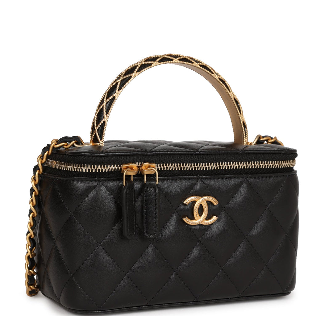 Chanel Black Lambskin Top Handle Chain Mini Vanity Case Kelly Flap Gold  Hardware (G2LJT31J)