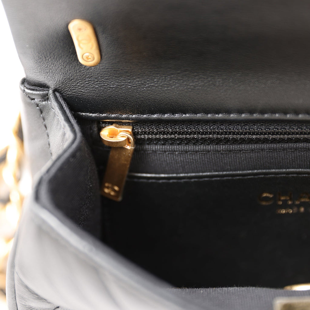 Mini flap bag, Lambskin, patent calfskin & gold-tone metal, black