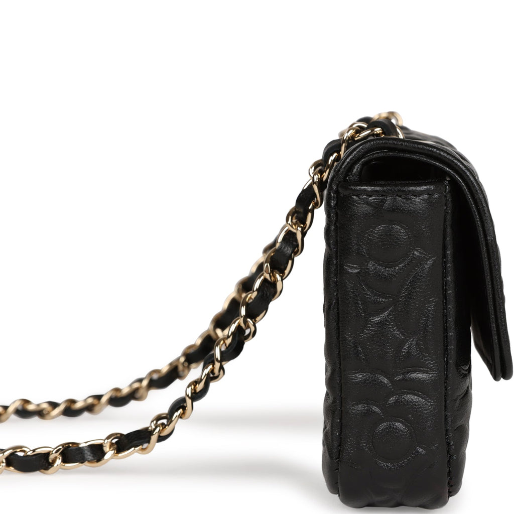 Chanel Camellia Embossed Belt Bag Black Lambskin Light Gold Hardware