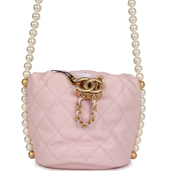 CHANEL Calfskin Quilted Pearl Mini About Pearls Drawstring Bucket Light Pink  1300449