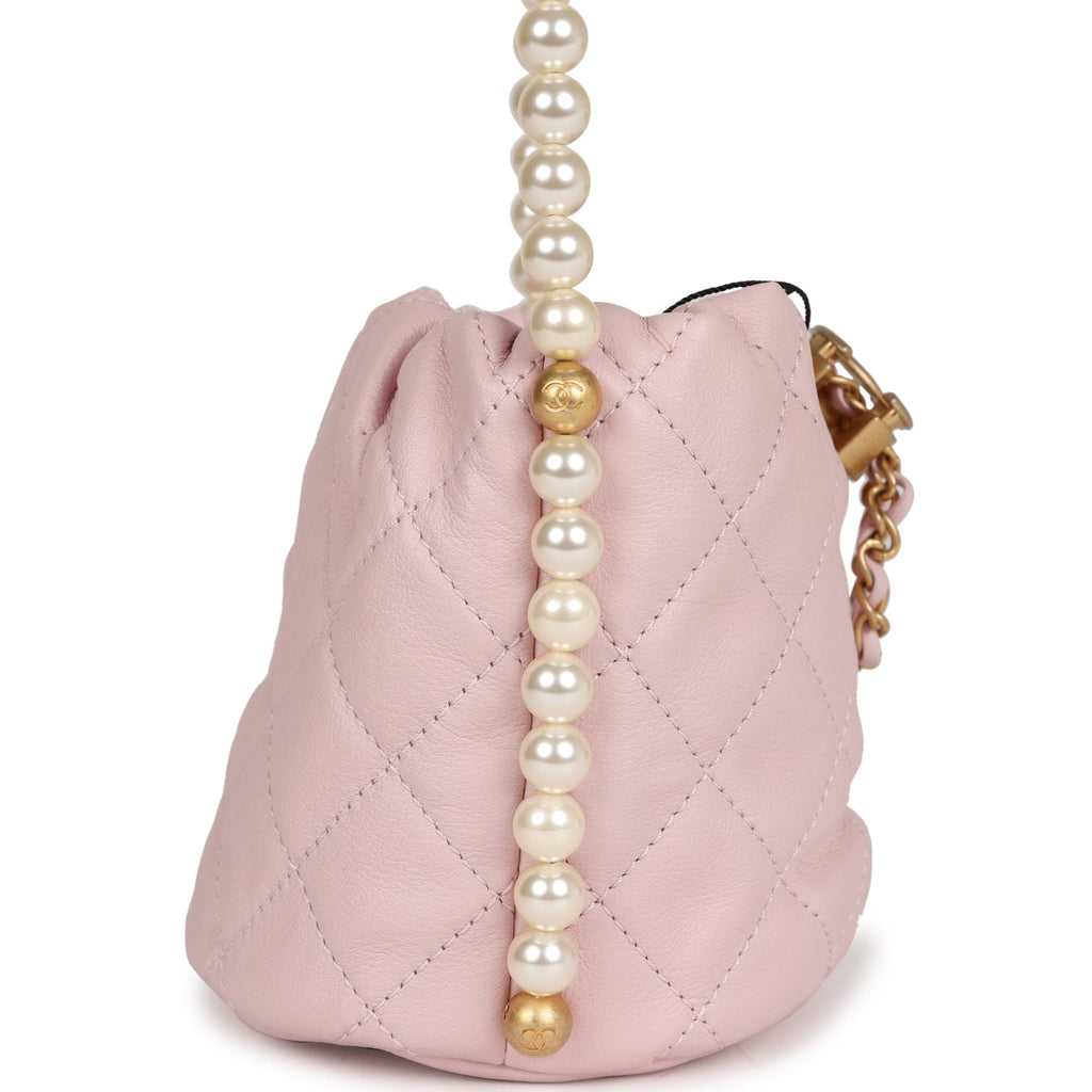 Chanel About Pearls Mini Drawstring Bucket Bag Pink Calfskin Brushed Gold  Hardware