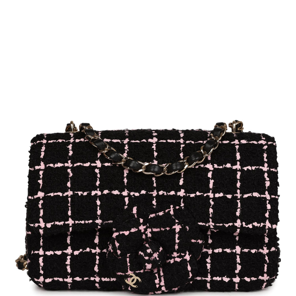 Chanel Mini Camellia Closure Flap Black and Pink Tweed Gold