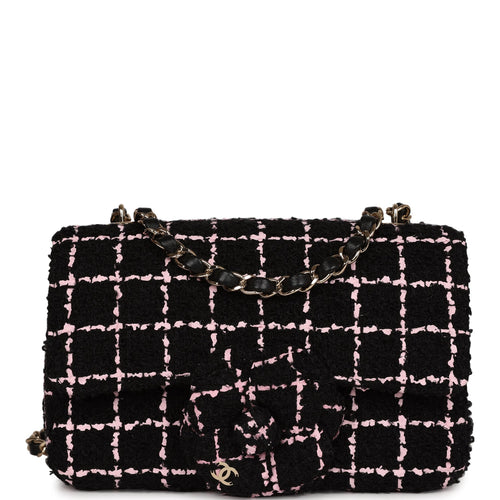 Chanel Mini Camellia Closure Flap Black and Pink Tweed Gold Hardware