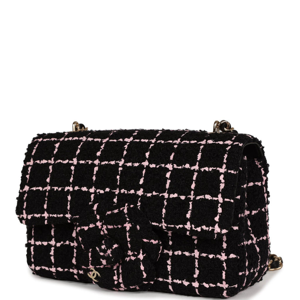 Chanel Mini Camellia Closure Flap Black and Pink Tweed Gold Hardware