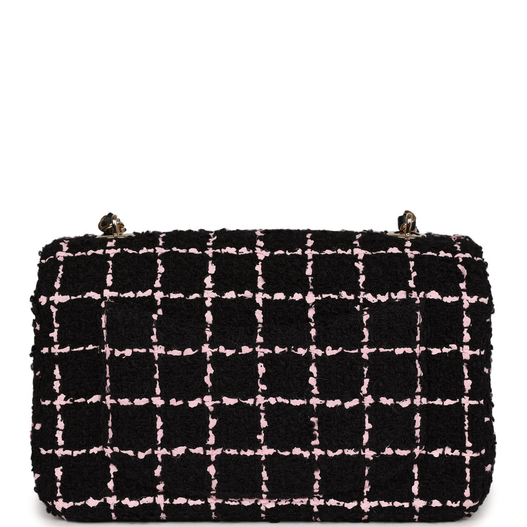 Chanel Mini Camellia Closure Flap Black and Pink Tweed Gold Hardware