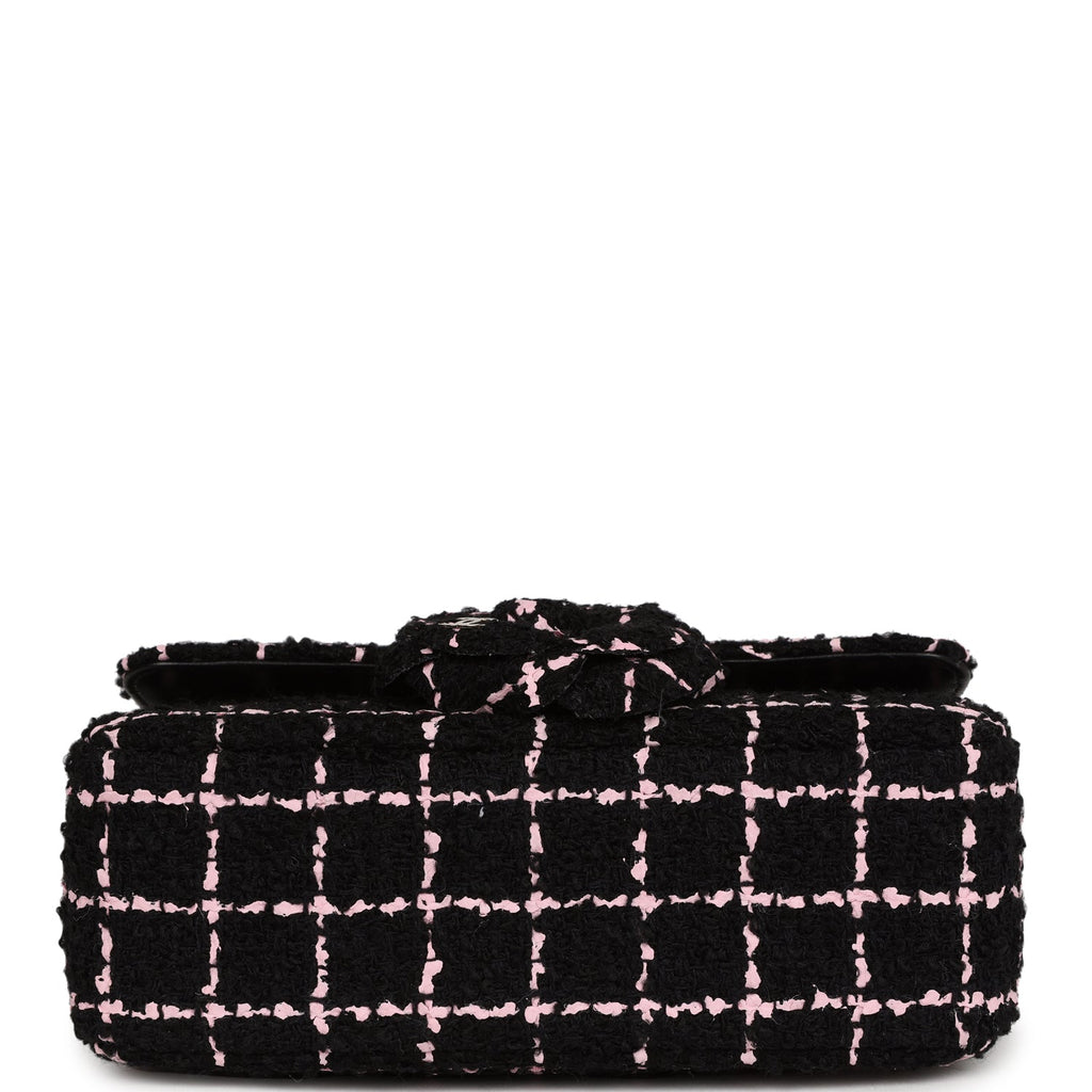 Mini flap bag, Tweed & gold-tone metal, black, pink & burgundy — Fashion
