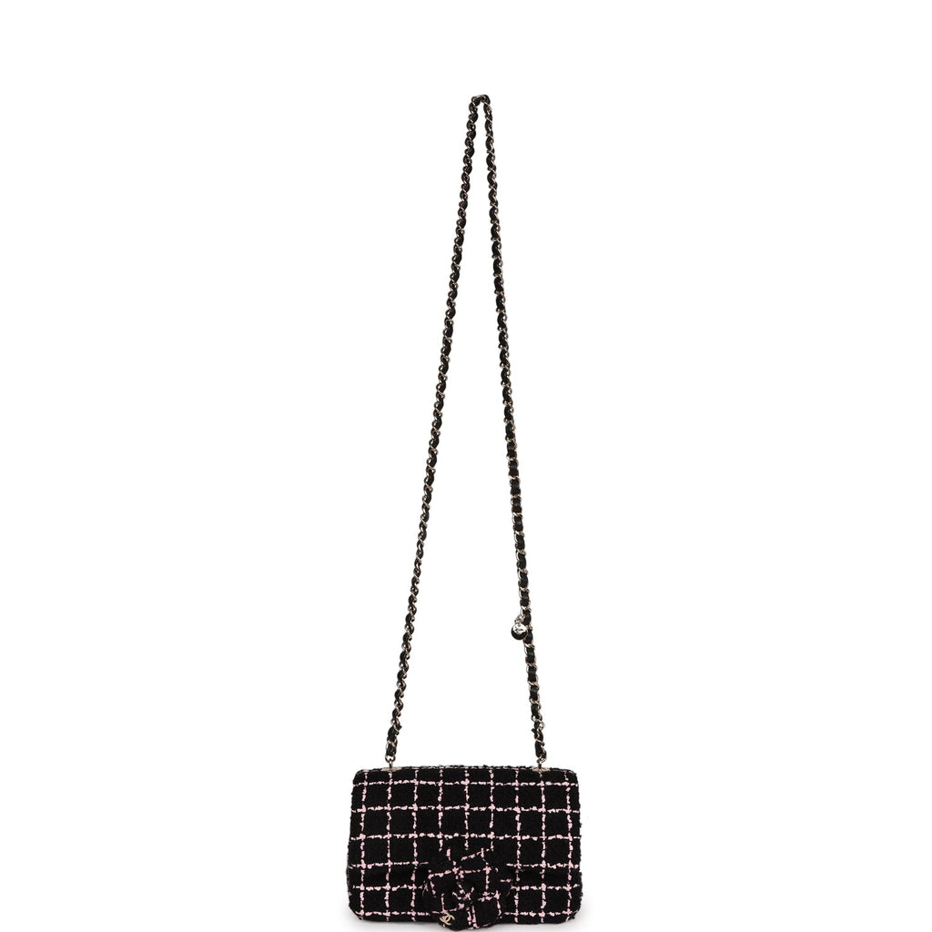 Mini flap bag, Tweed & gold metal, black, pink & burgundy — Fashion