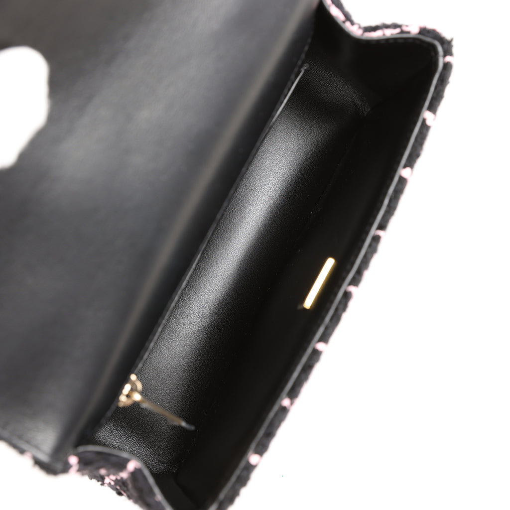 Mini flap bag, Tweed & gold-tone metal, black, pink & burgundy — Fashion
