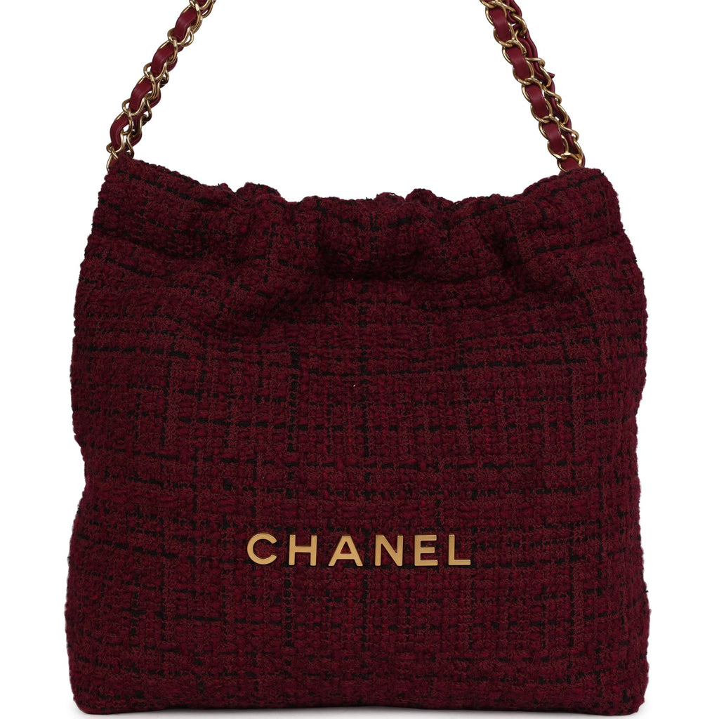Chanel Small 22 Bag Burgundy and Black Tweed Gold Hardware