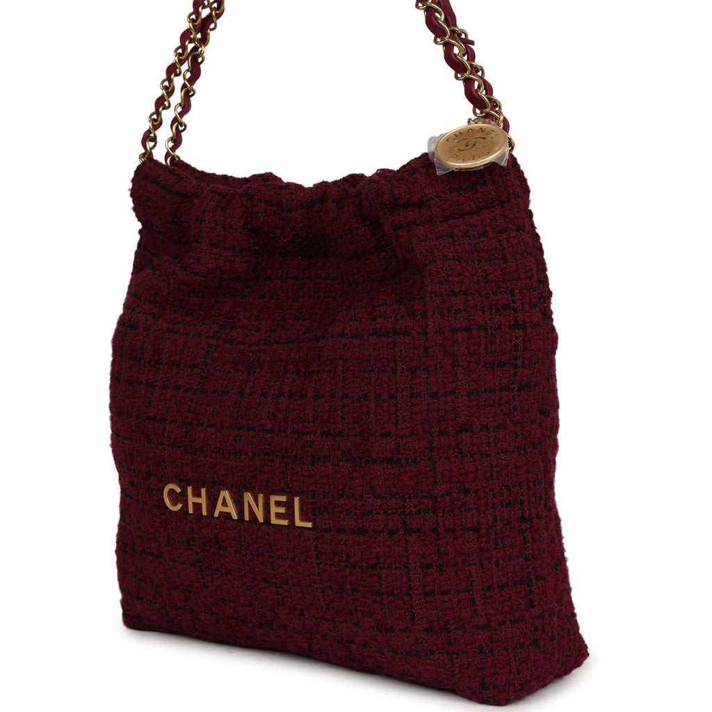 Chanel Small 22 Bag Burgundy and Black Tweed Gold Hardware