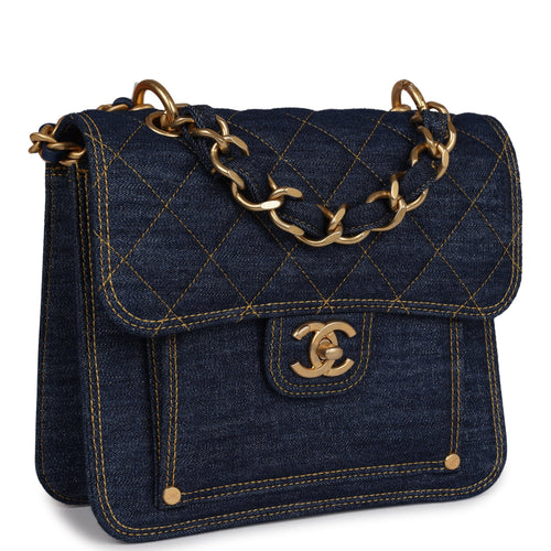Chanel Square Flap Blue Denim Antique Gold Hardware