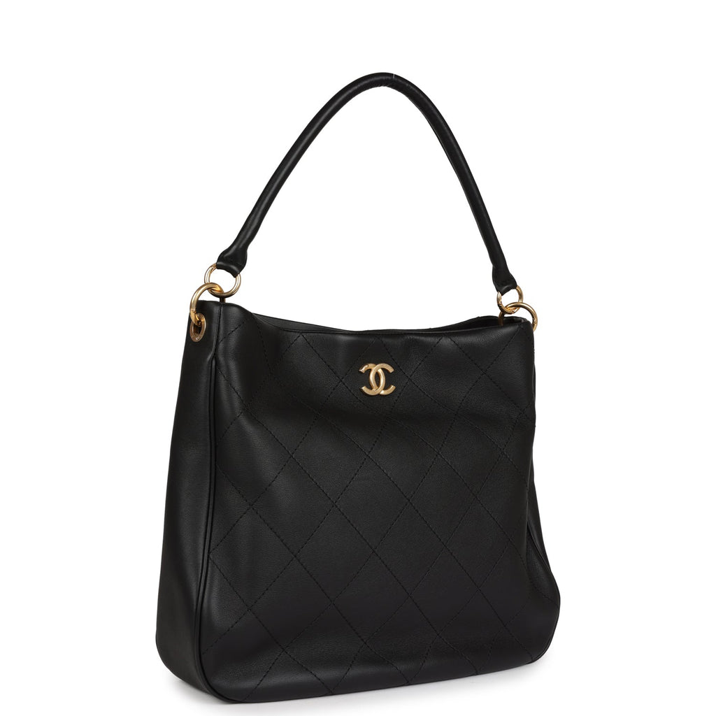 Chanel Quilted Hobo Shoulder Bag Black Calfskin Brushed Gold Hardware –  Madison Avenue Couture