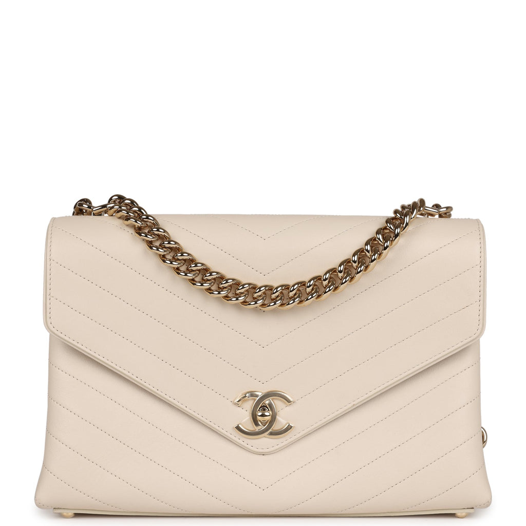 Chanel Coco Chevron Flap Bag Ivory Lambskin Light Gold Hardware