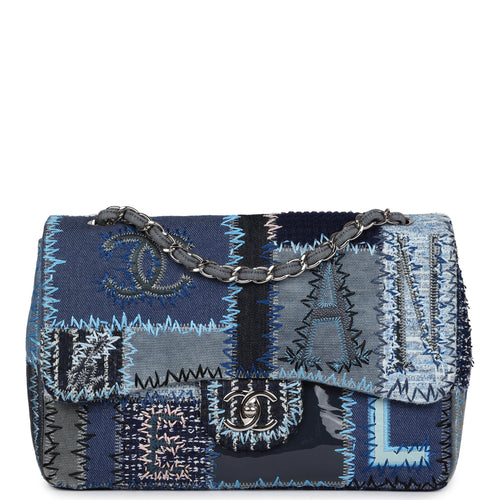 Pre-owned Chanel Jumbo Flap Bag Blue Patchwork Denim Silver Hardware