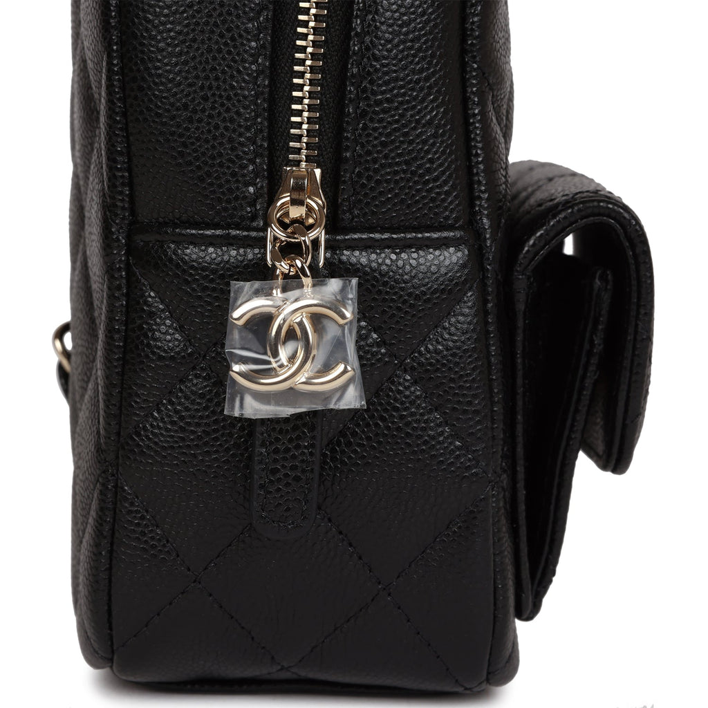 chanel cc day backpack quilted caviar mini Chanel Mini Phone Holder Backpack Black Caviar Light Gold Hardware