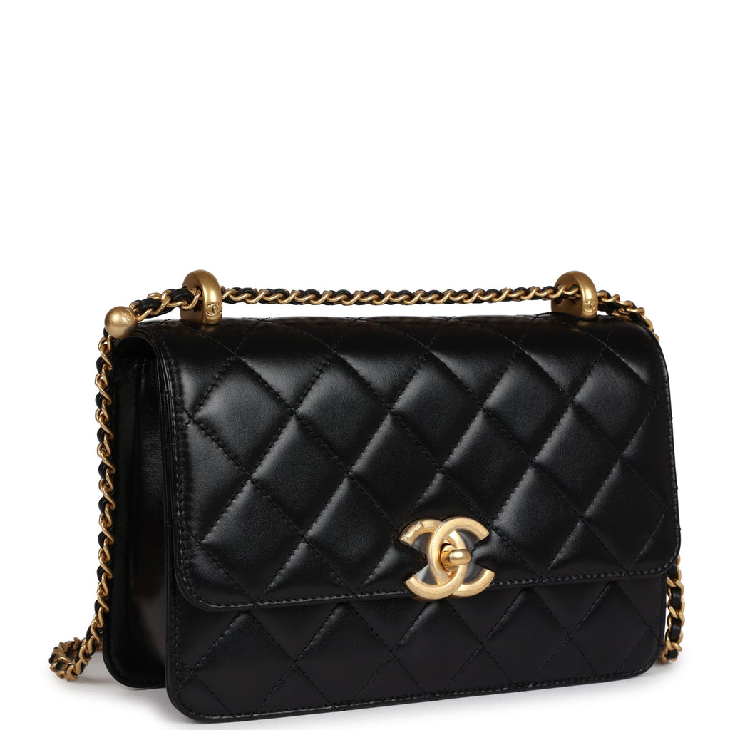 CHANEL LAMBSKIN Quilted Pearl Top Handle Clutch Flap Black