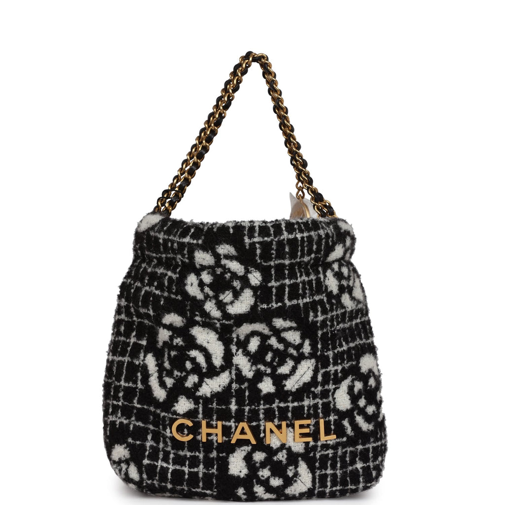 Chanel Mini 22 Bag Black and White Floral Tweed Gold Hardware Black New Tweed