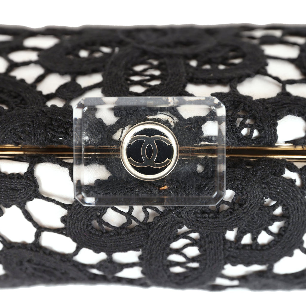 Chanel Clutch Black and White Floral Lace Gold Hardware
