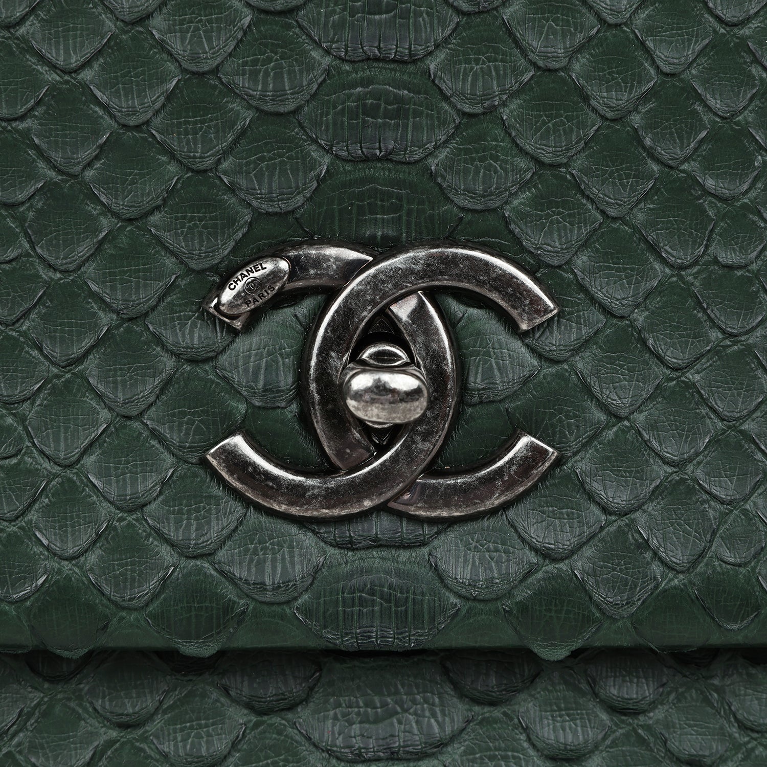 Pre-owned Chanel Medium Coco Handle Flap Bag Dark Green Python Rutheni