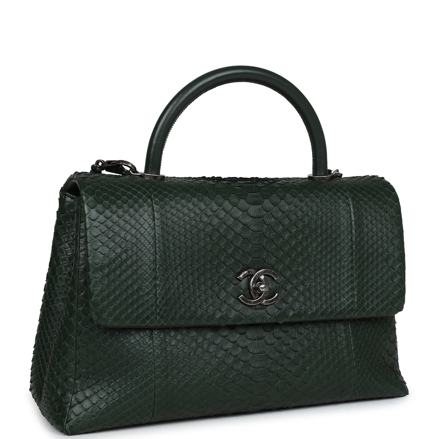 Pre-owned Chanel Medium Coco Handle Flap Bag Dark Green Python Rutheni