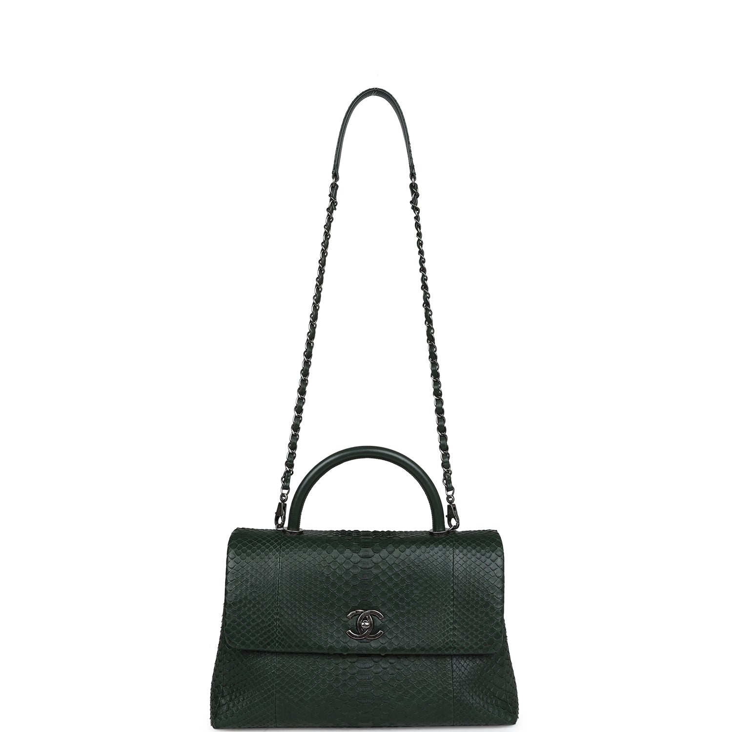 Pre-owned Chanel Medium Coco Handle Flap Bag Dark Green Python Rutheni