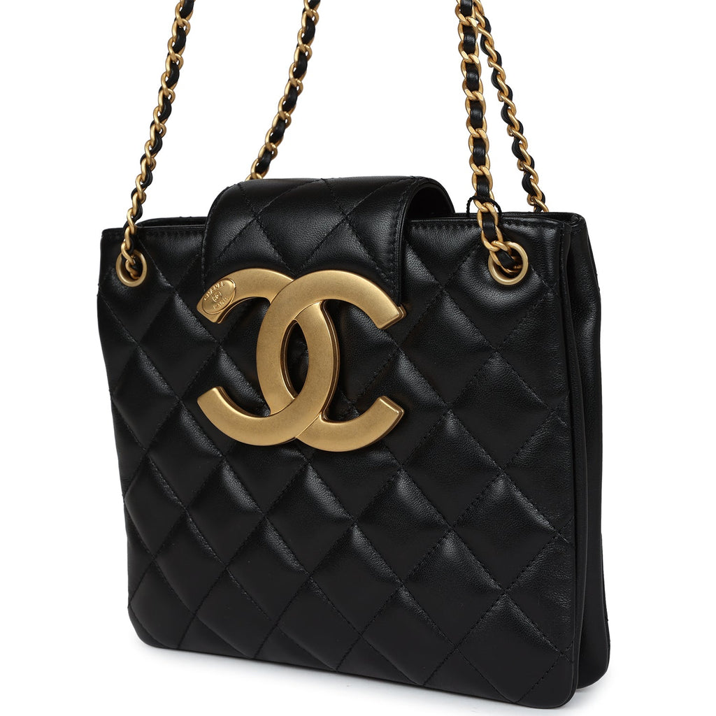 Chanel CC Small Shoulder Bag Black Lambskin Antique Gold Hardware