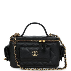 Chanel Mini Pocket Vanity Top Handle Case Black Caviar Gold Hardware