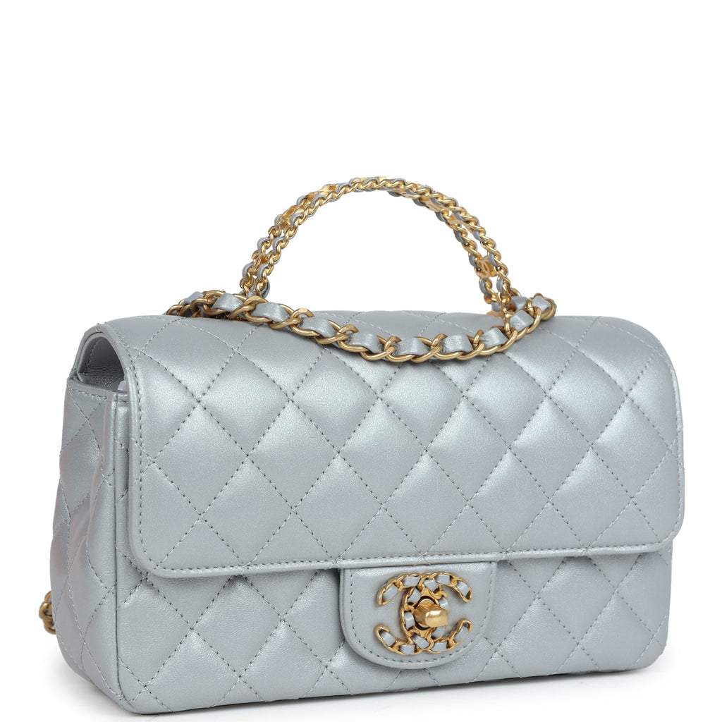 Chanel Mini Rectangular Flap Bag with Top Handle Grey Lambskin Antique Gold Hardware