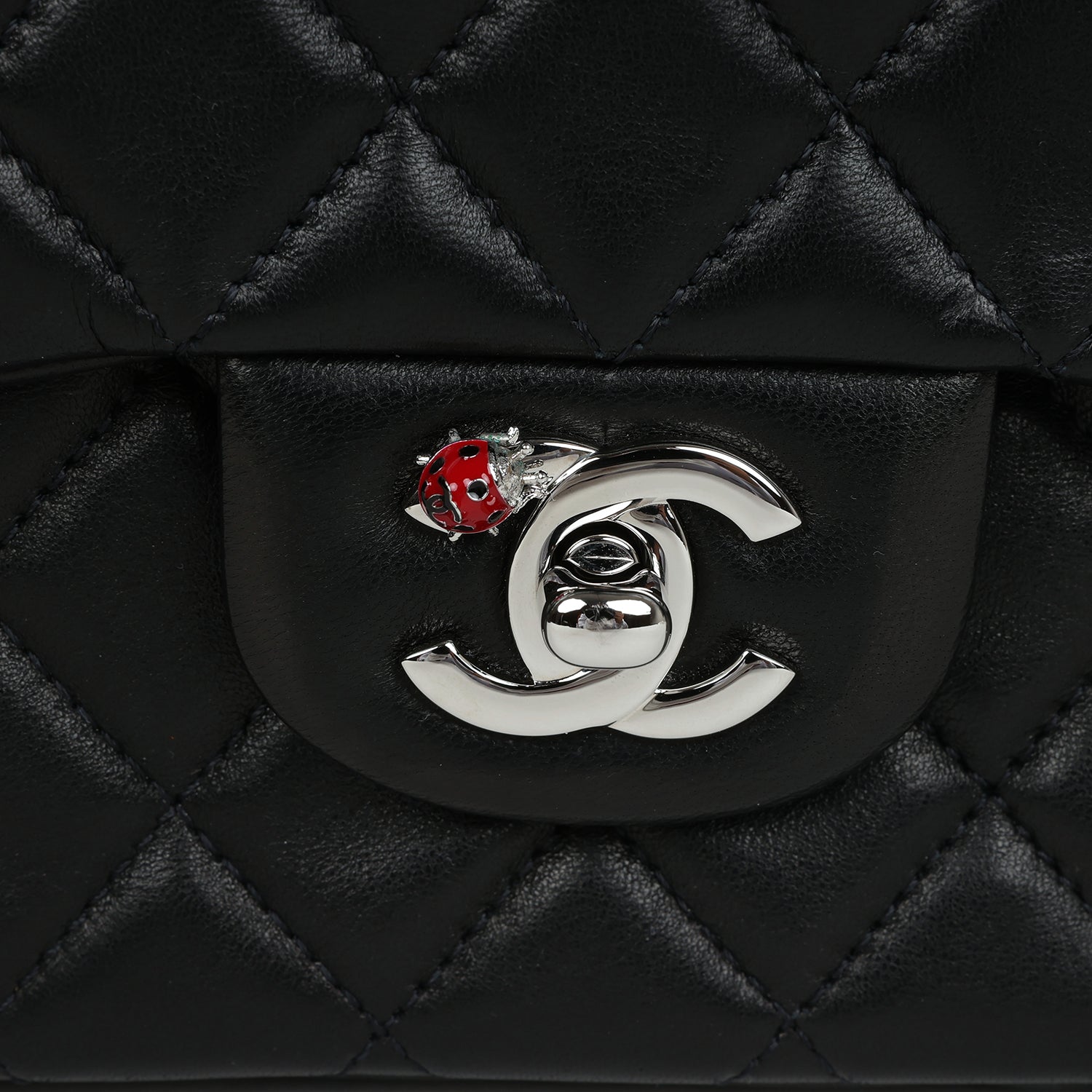 Pre-owned Chanel Medium Lady Bug Single Flap Bag Black Lambskin Silver ...