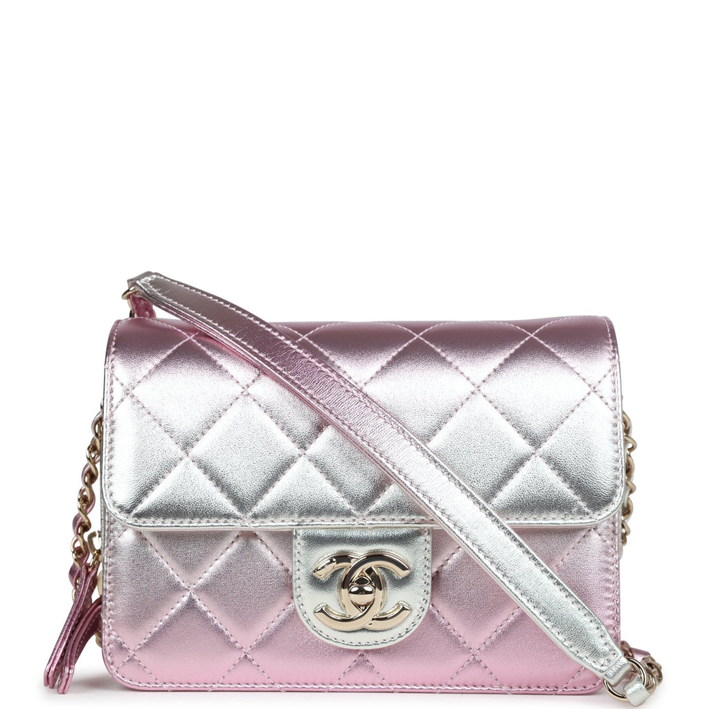 Chanel Mini Flap Bag Pink and Silver Metallic Lambskin Light Gold Hardware