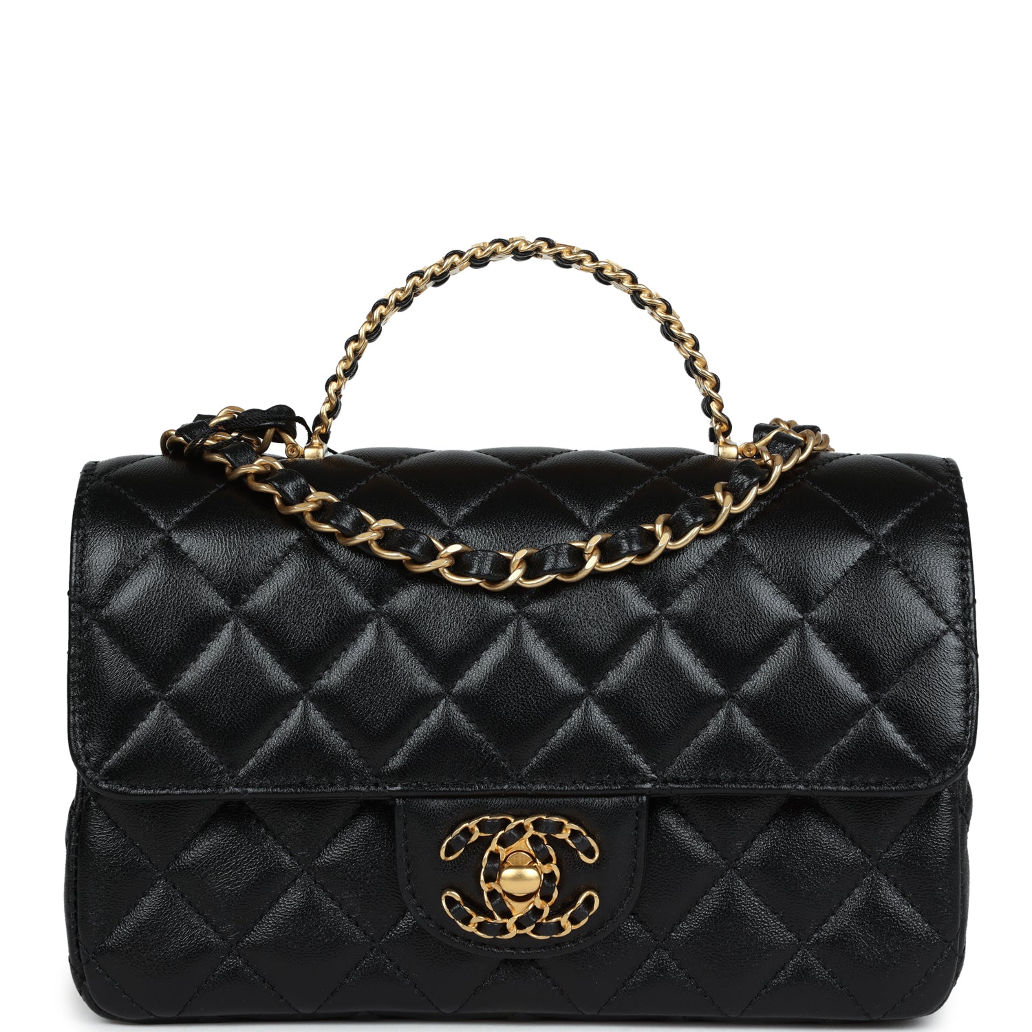 Chanel Mini Rectangular Flap with Top Handle Black Lambskin Antique Go