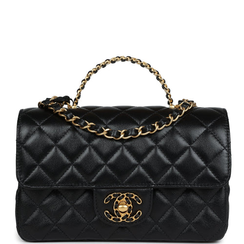 Chanel Mini Rectangular Flap with Top Handle Black Lambskin Antique Gold Hardware