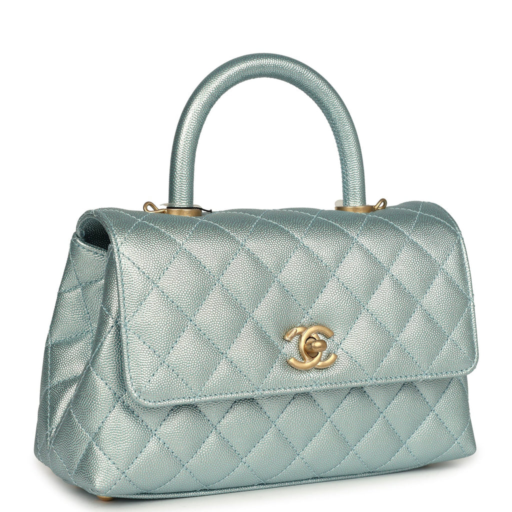 Chanel Small Coco Handle Flap Bag Light Blue Iridescent Caviar Aged Gold Hardware