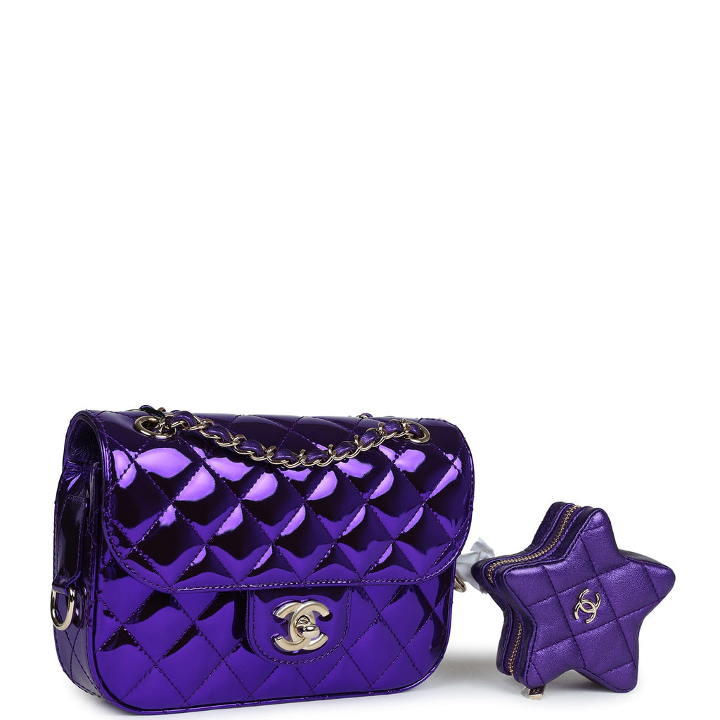 Chanel Mini Flap Bag Star Coin Purse Purple Mirror Calfskin/Metallic Calfskin Light Gold Hardware Purple/Metallic New Calfskin