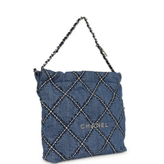 Chanel Small 22 Bag Blue Stitched Denim Silver Hardware