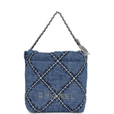 Chanel Mini 22 Bag Blue Stitched Denim Silver Hardware