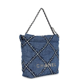 Chanel Mini 22 Bag Blue Stitched Denim Silver Hardware